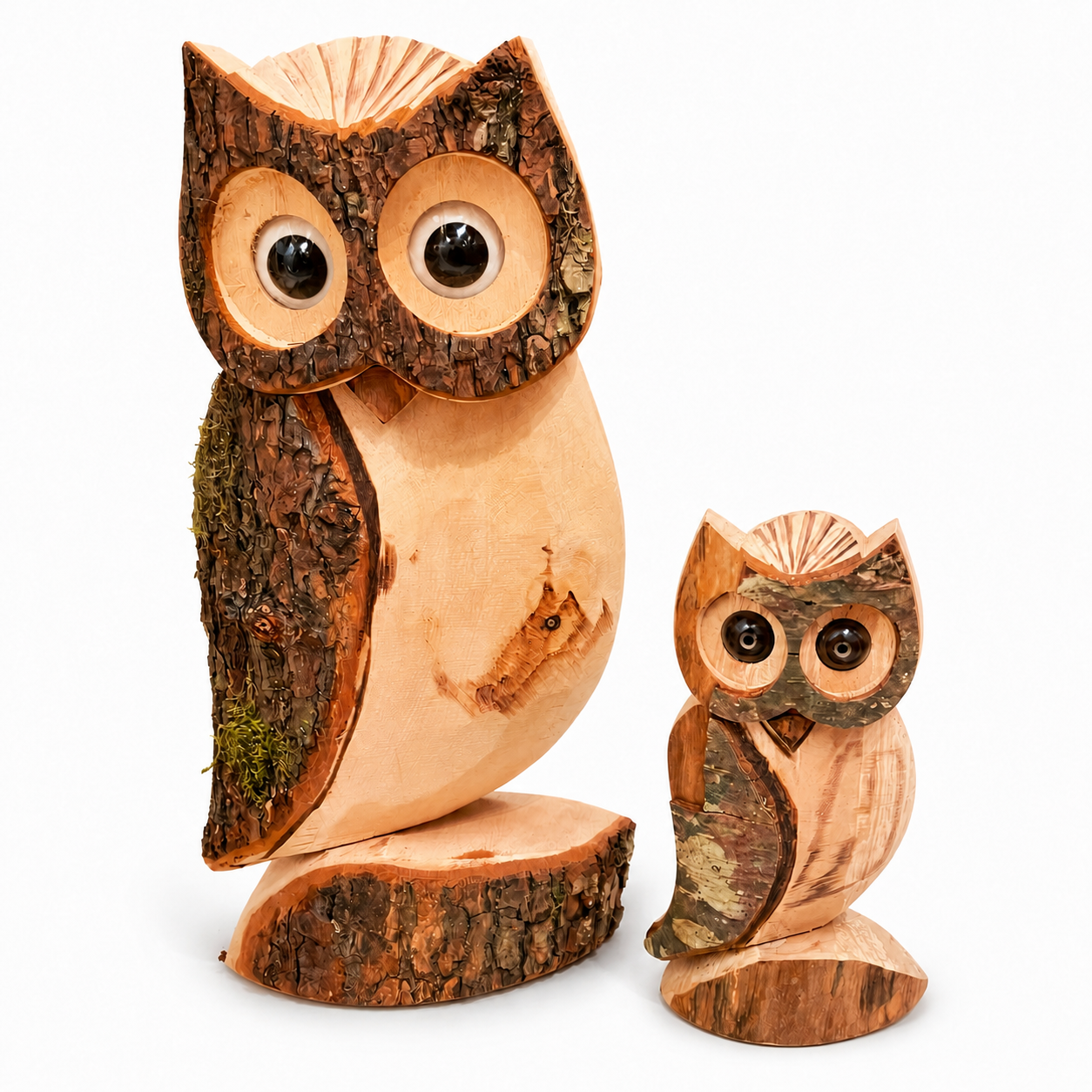 Deko Eulen aus Holz 2er Set – handgeschnitzt & wetterfest