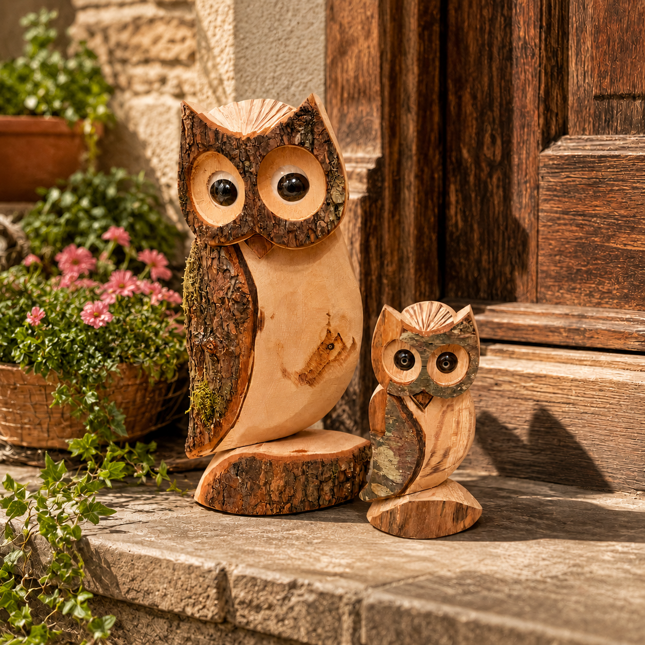 Deko Eulen aus Holz 2er Set – handgeschnitzt & wetterfest