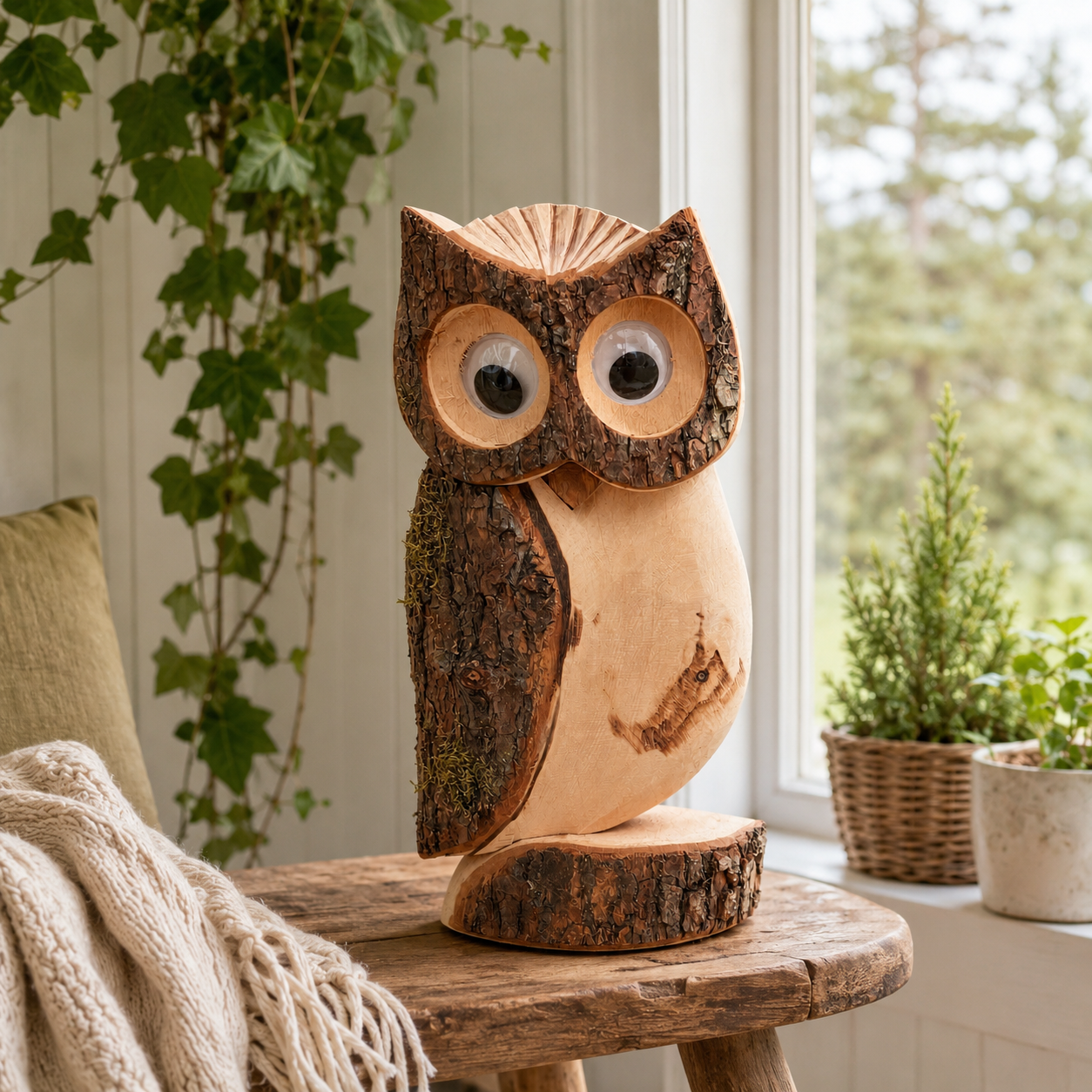 Deko Eule aus Holz 40 cm – handgeschnitzt, wetterfest & dekorativ