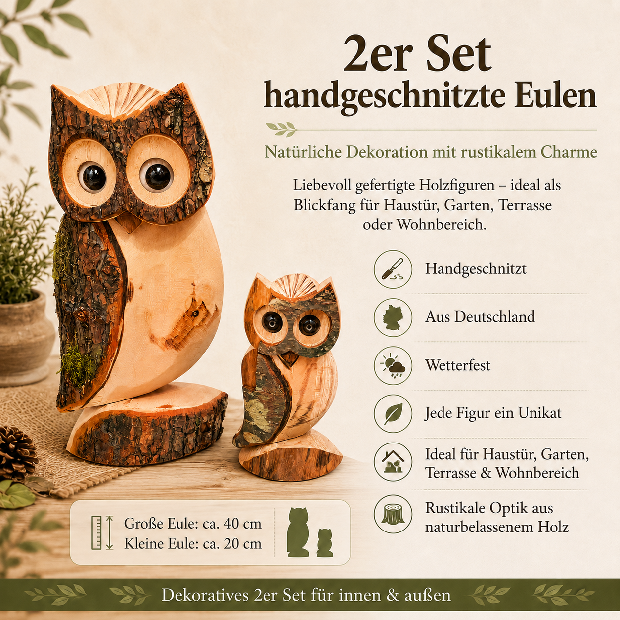 Deko Eulen aus Holz 2er Set – handgeschnitzt & wetterfest