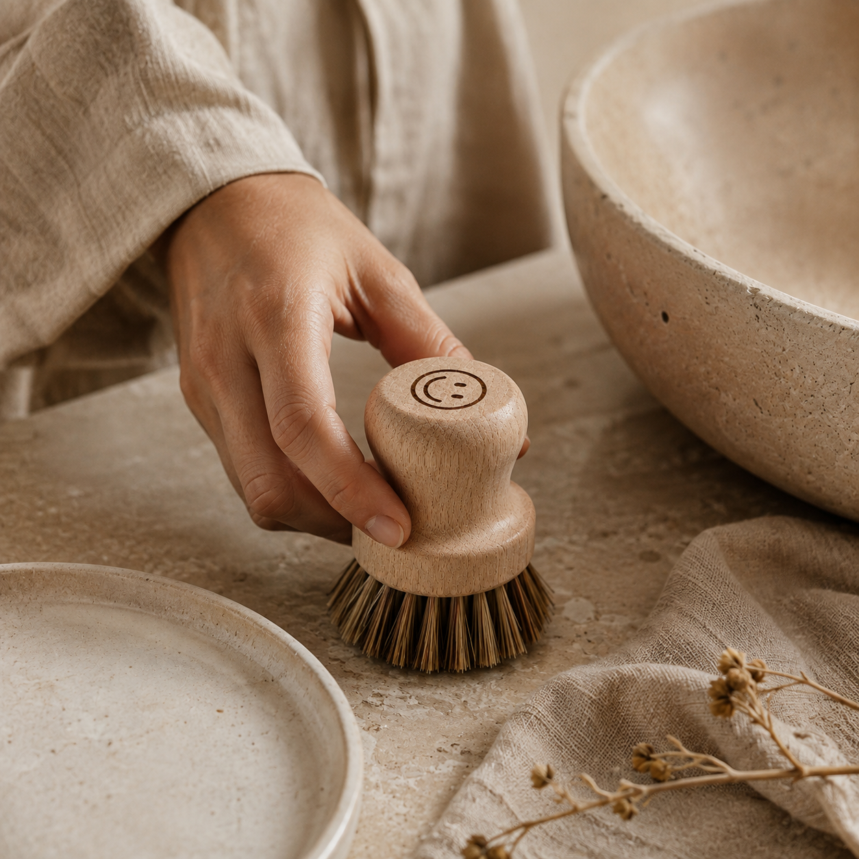 Pilzbürste aus Buchenholz & Rosshaar – mit Smiley-Gravur