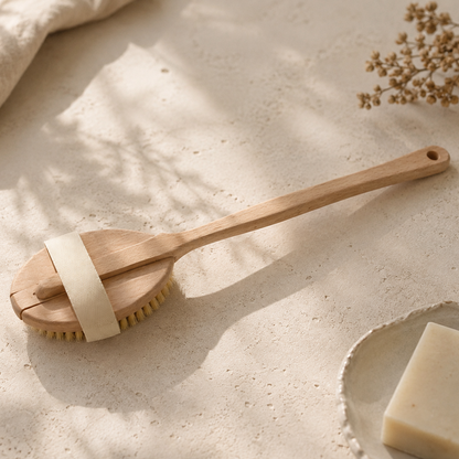 Rückenbürste aus Holz mit Naturborsten – Körperbürste mit langem Stiel