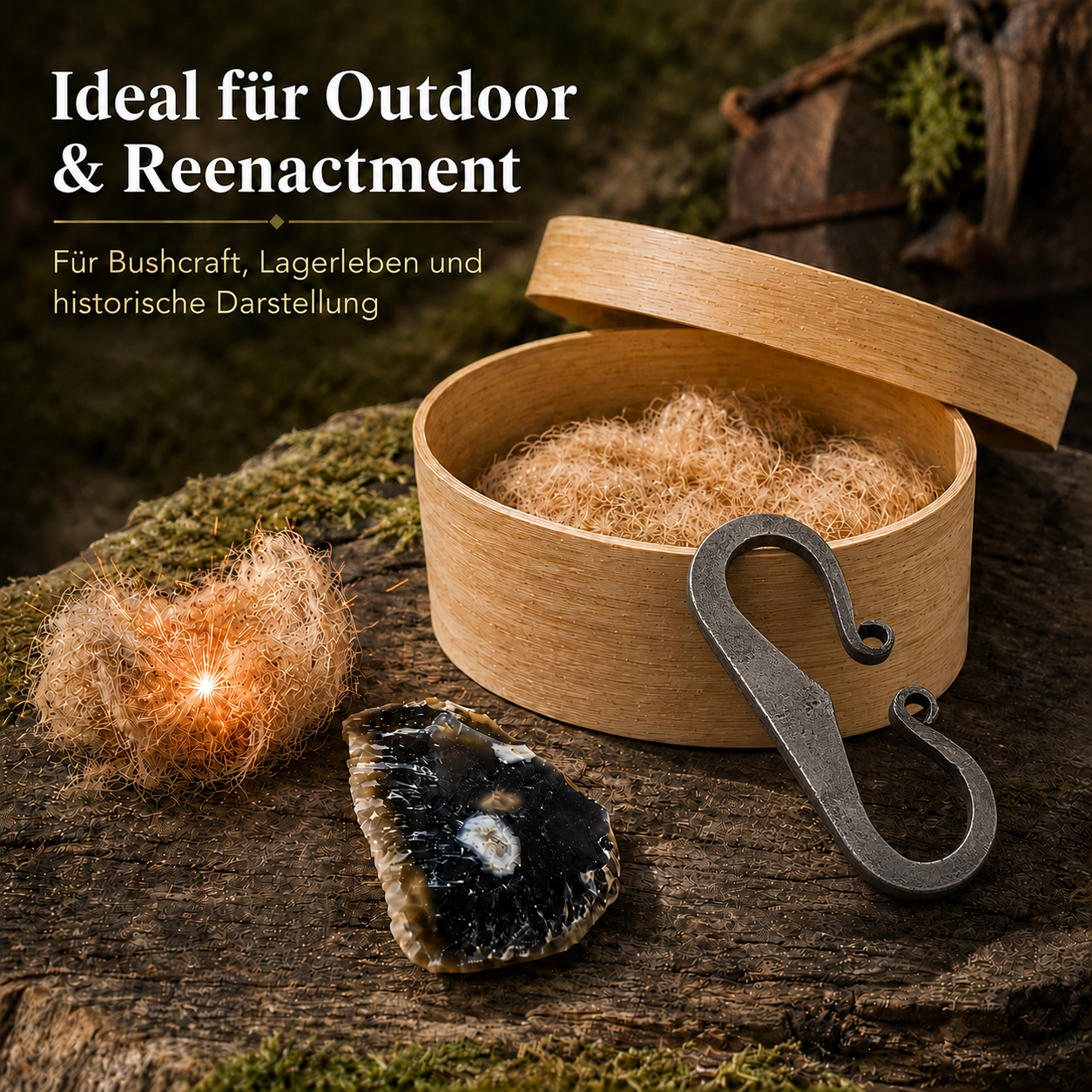Feuerschläger Set mit Feuerstein & Zunder – traditioneller Feuerstarter