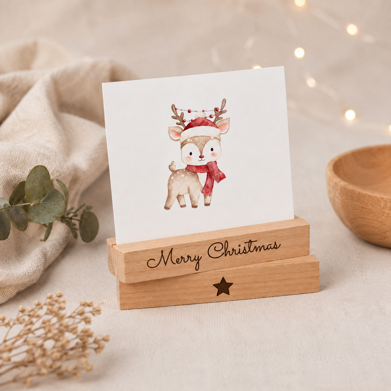 Kartenhalter aus Buchenholz im 2er Set – Merry Christmas