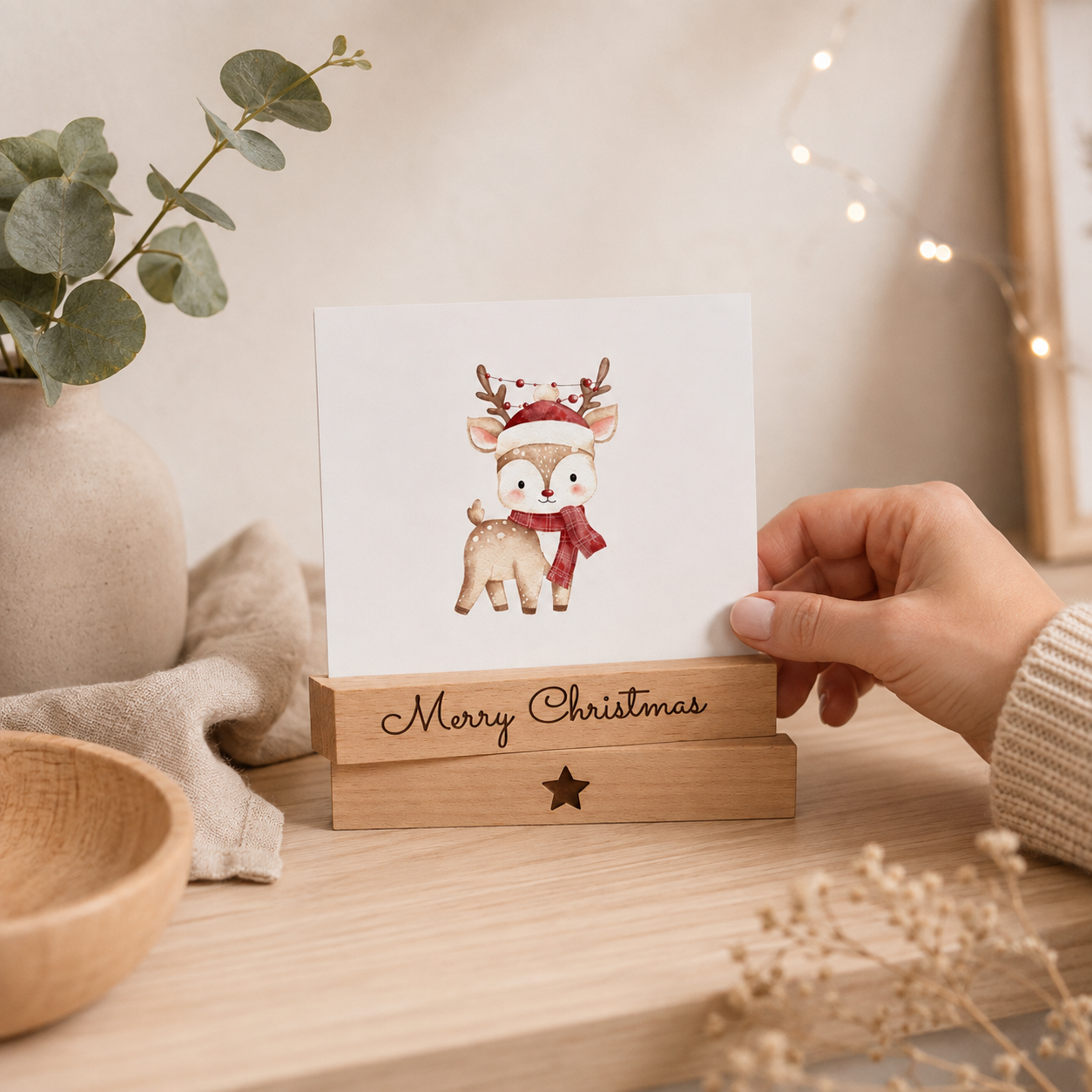 Kartenhalter aus Buchenholz im 2er Set – Merry Christmas