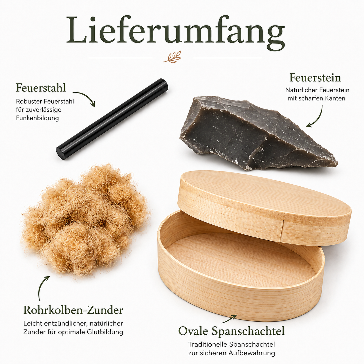Feuerstarter Set mit Feuerstahl, Feuerstein & Naturzunder