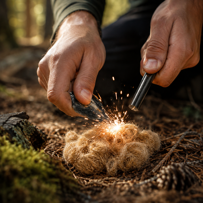 Feuerstarter Set mit Feuerstahl, Feuerstein & Naturzunder