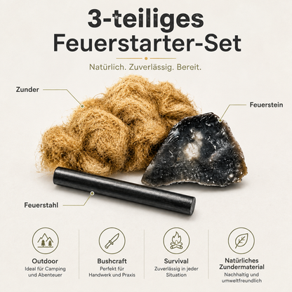 Feuerstarter Set mit Feuerstahl, Feuerstein & Naturzunder