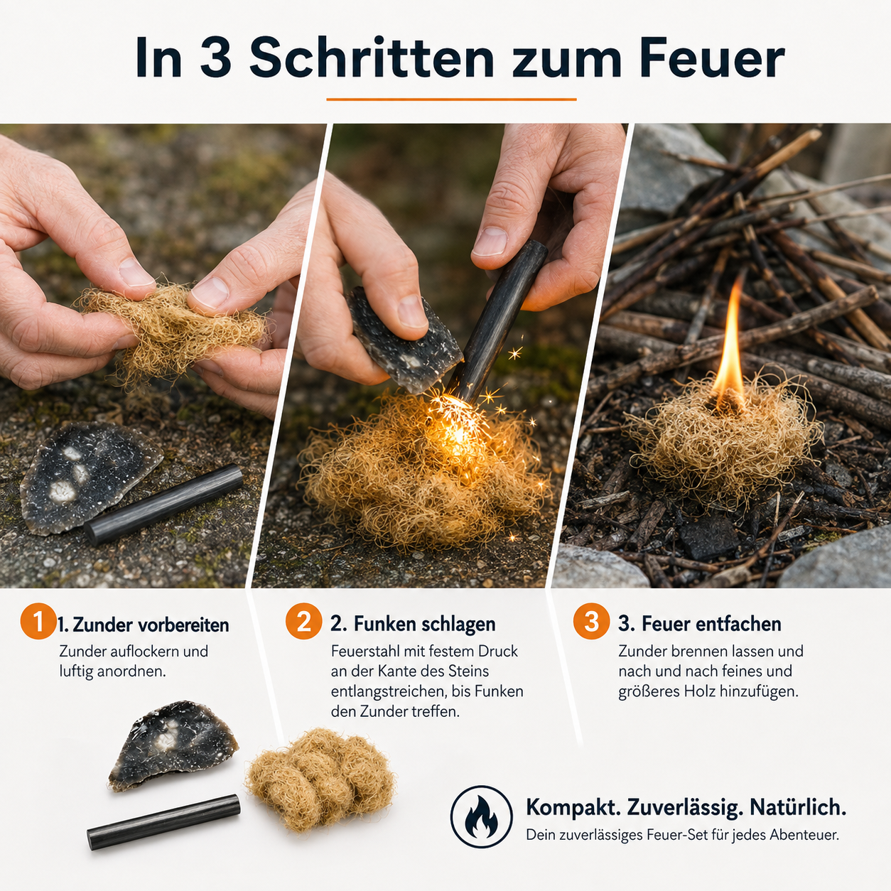 Feuerstarter Set mit Feuerstahl, Feuerstein & Naturzunder
