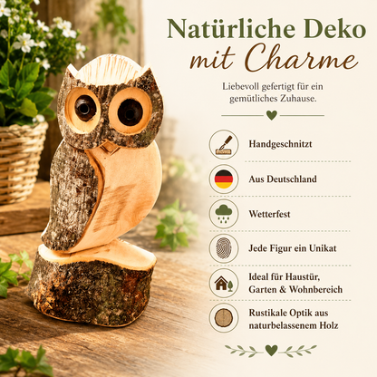 Kleine Deko Eule aus Holz – handgeschnitzt, wetterfest & dekorativ