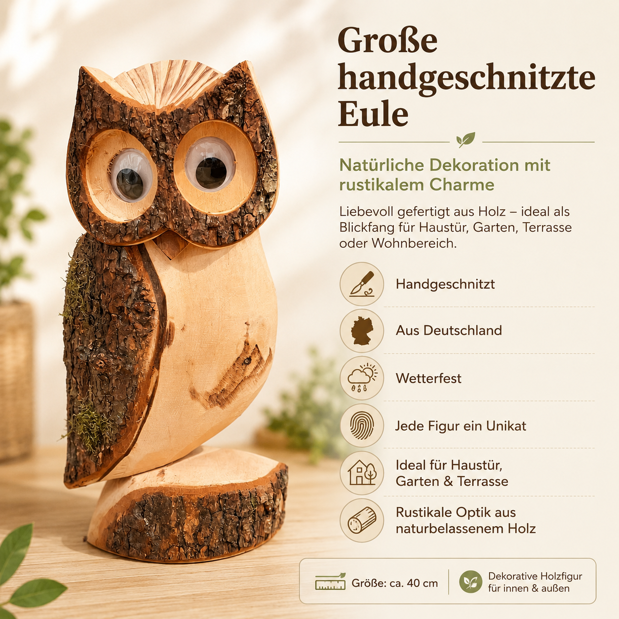 Deko Eule aus Holz 40 cm – handgeschnitzt, wetterfest & dekorativ