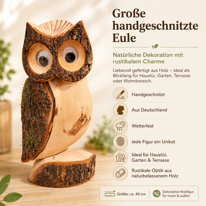 Deko Eule aus Holz 40 cm – handgeschnitzt, wetterfest & dekorativ