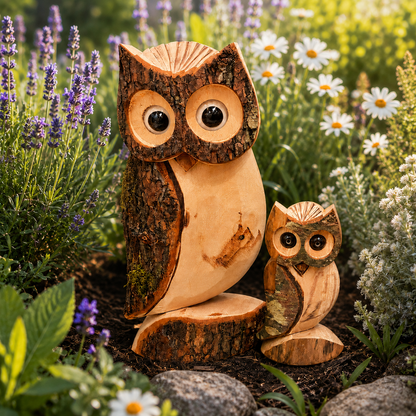 Deko Eulen aus Holz 2er Set – handgeschnitzt & wetterfest