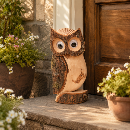 Deko Eule aus Holz 40 cm – handgeschnitzt, wetterfest & dekorativ